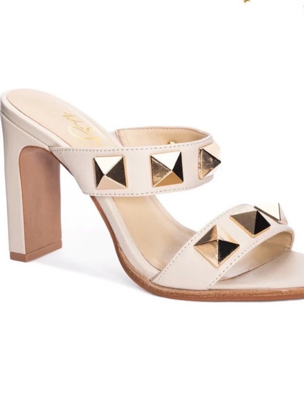 NWOT 42 Gold Block Heels Studded Two-Strap